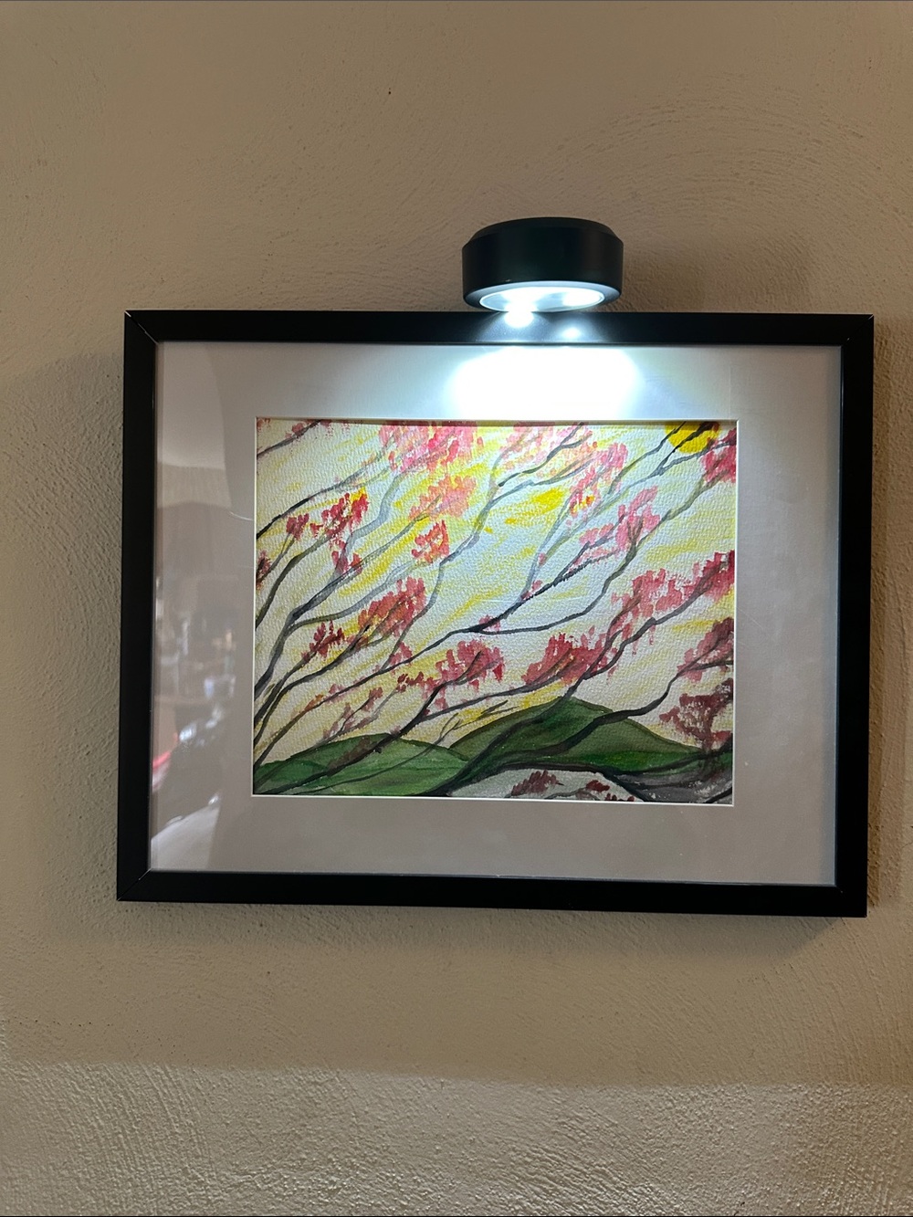 Framed Floral Watercolor Art - Pink Blossoms & Green Hills